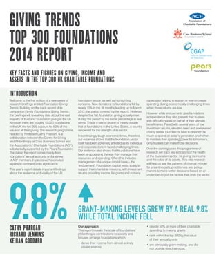 GIVING TRENDS
TOP 300 FOUNDATIONS
2014 REPORT
KEY FACTS AND FIGURES ON GIVING, INCOME AND
ASSETS IN THE TOP 300 UK CHARITA...